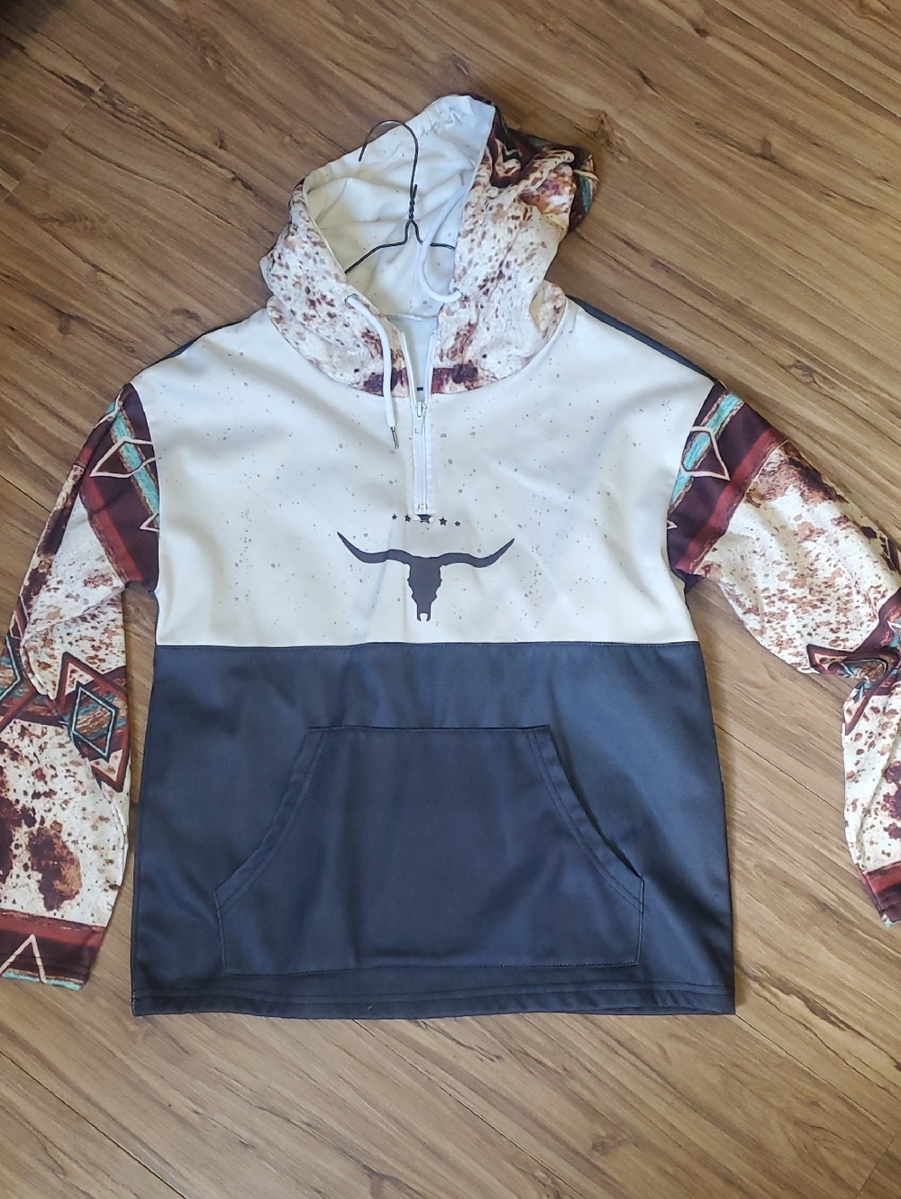 Women's Two-Tone Hooded Pullover Sweater with Southwestern Print
